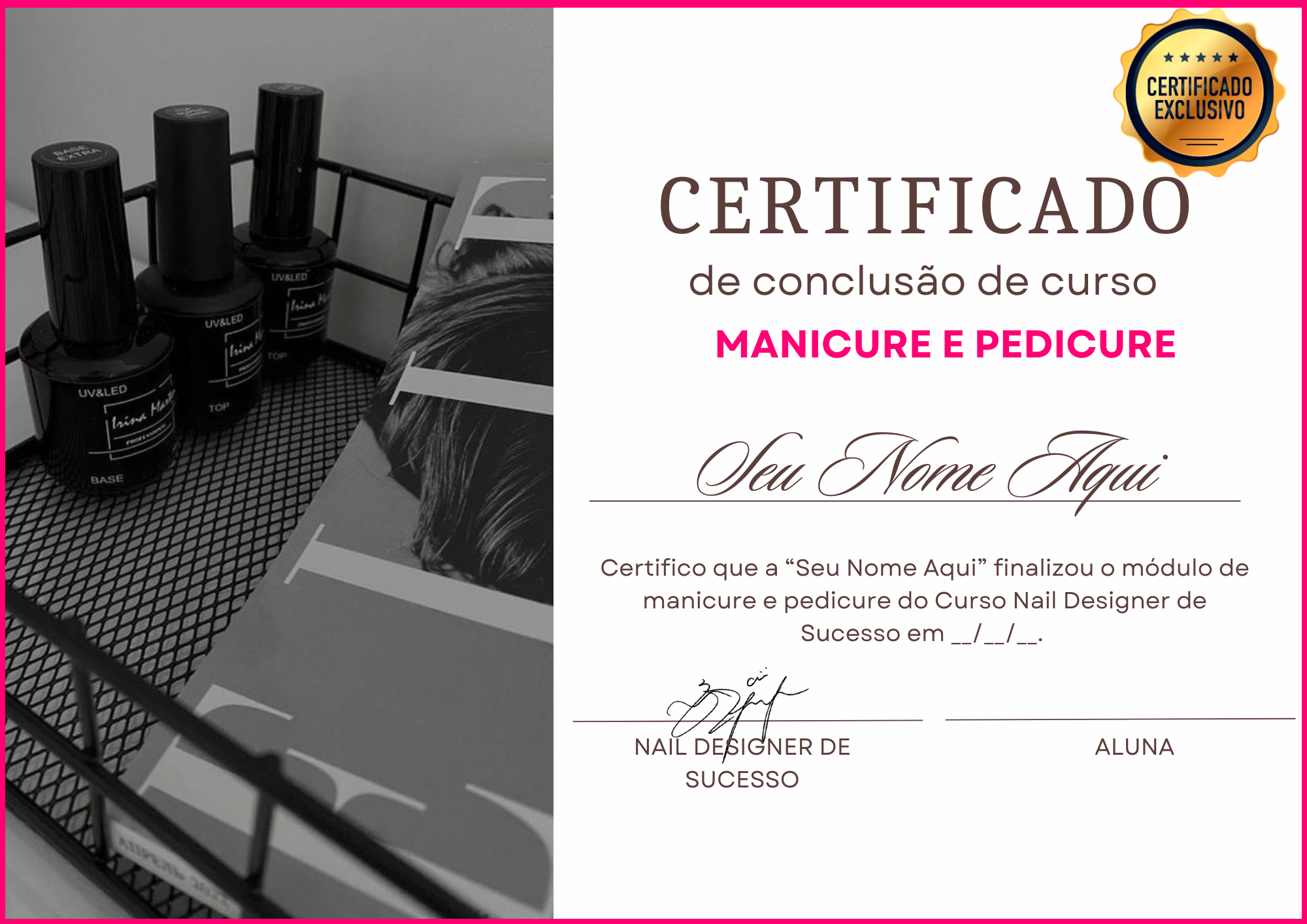 Certificado de conclusão curso de design de sobrancelha estética feminino rosa claro